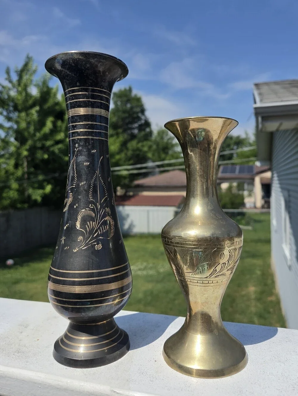 Vintage MCM Indian Brass Etched Vases, Mixed Finish Black & Polished Brass Set